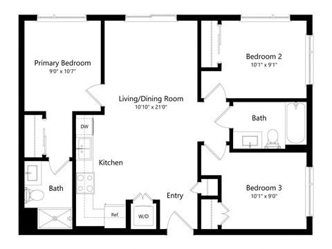 Floor plan for 3 beds, 2 baths, 892 sqft